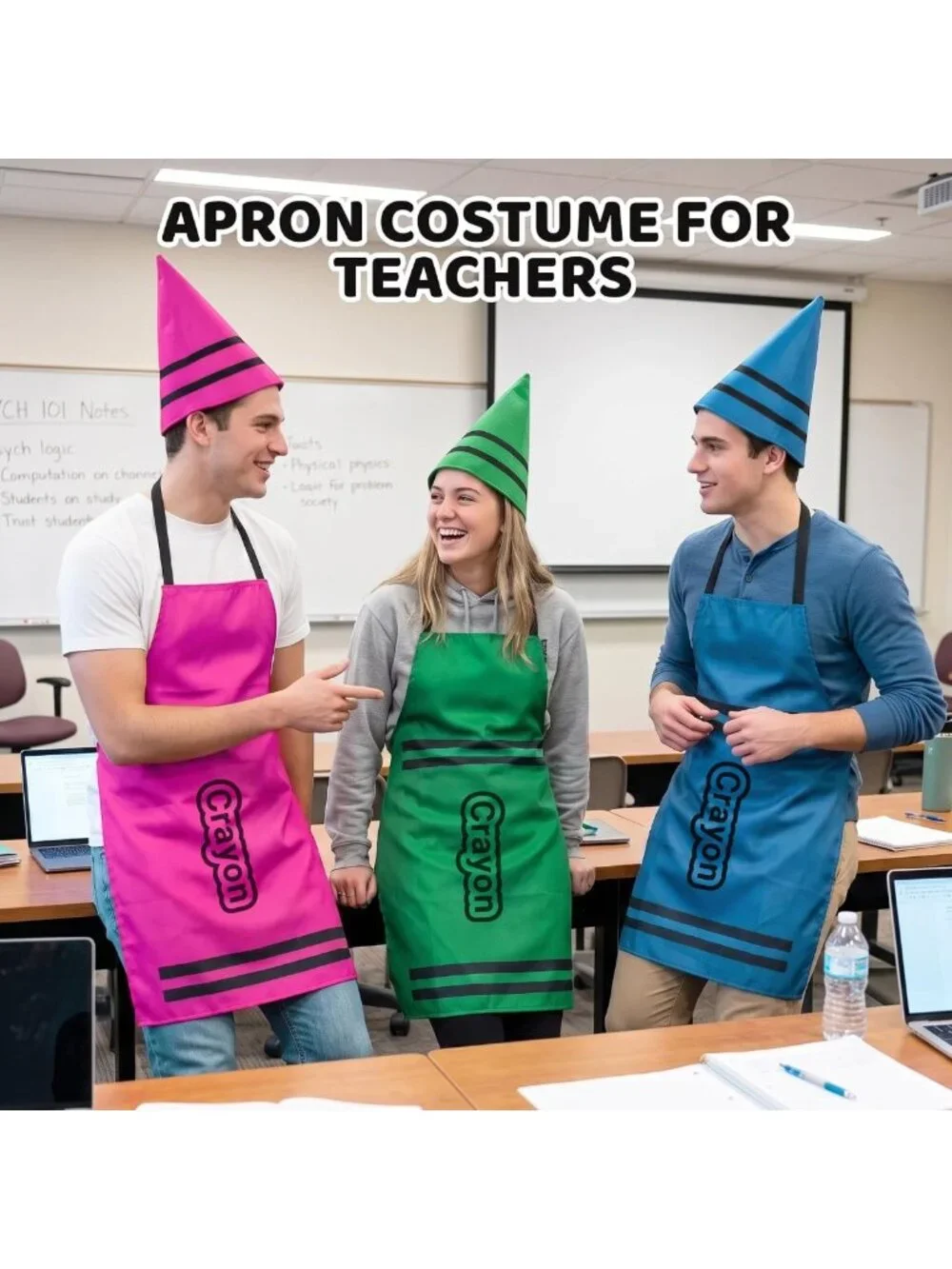 Colorful Adult Crayon Costume with Apron & Gnome Cone Hats - Fun Halloween Group